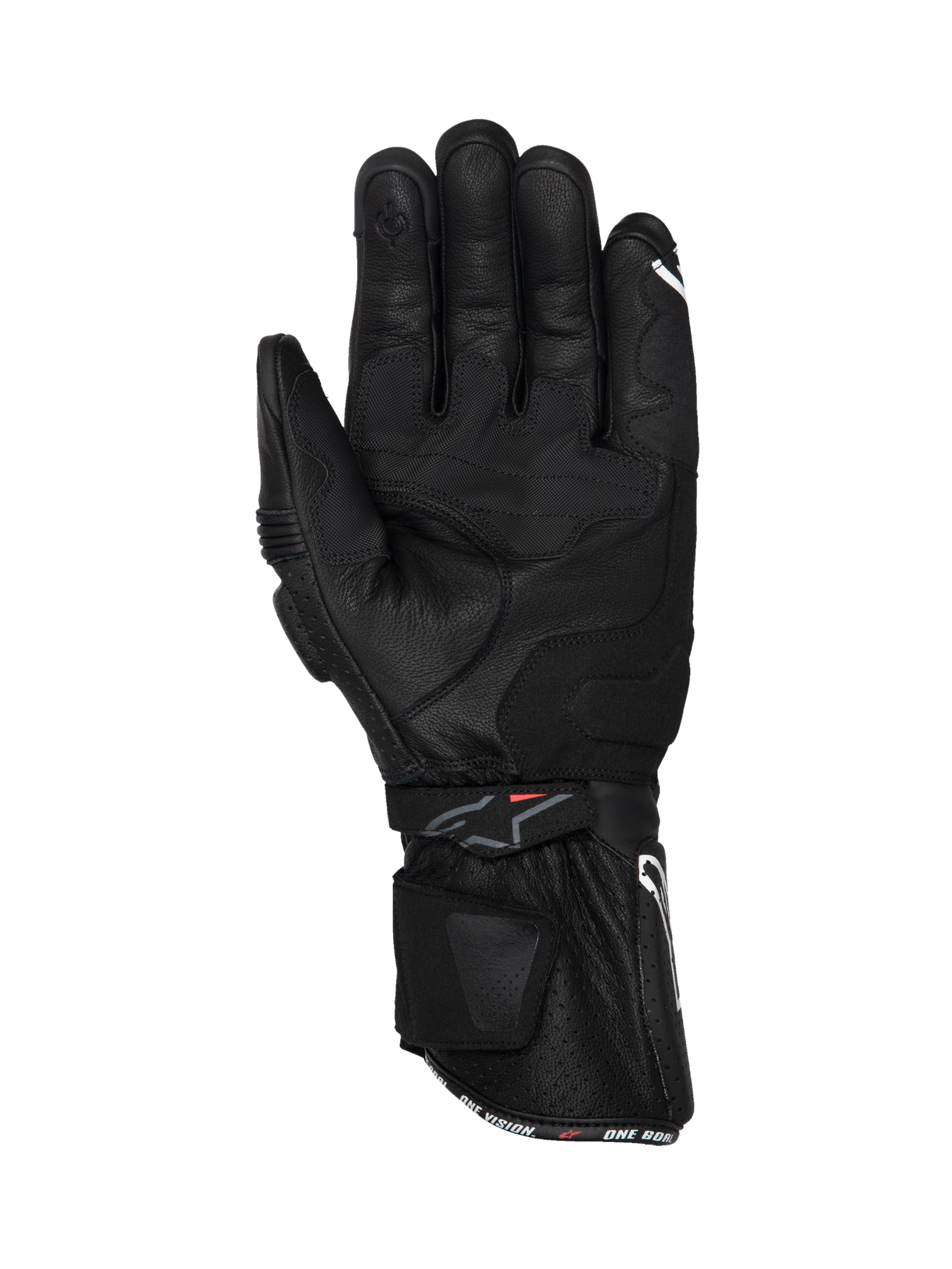 Alpinestars SP-3 handskar i svart läder för motorcykelracing, vy av handflatan med lång manschett och förstärkt grepp.