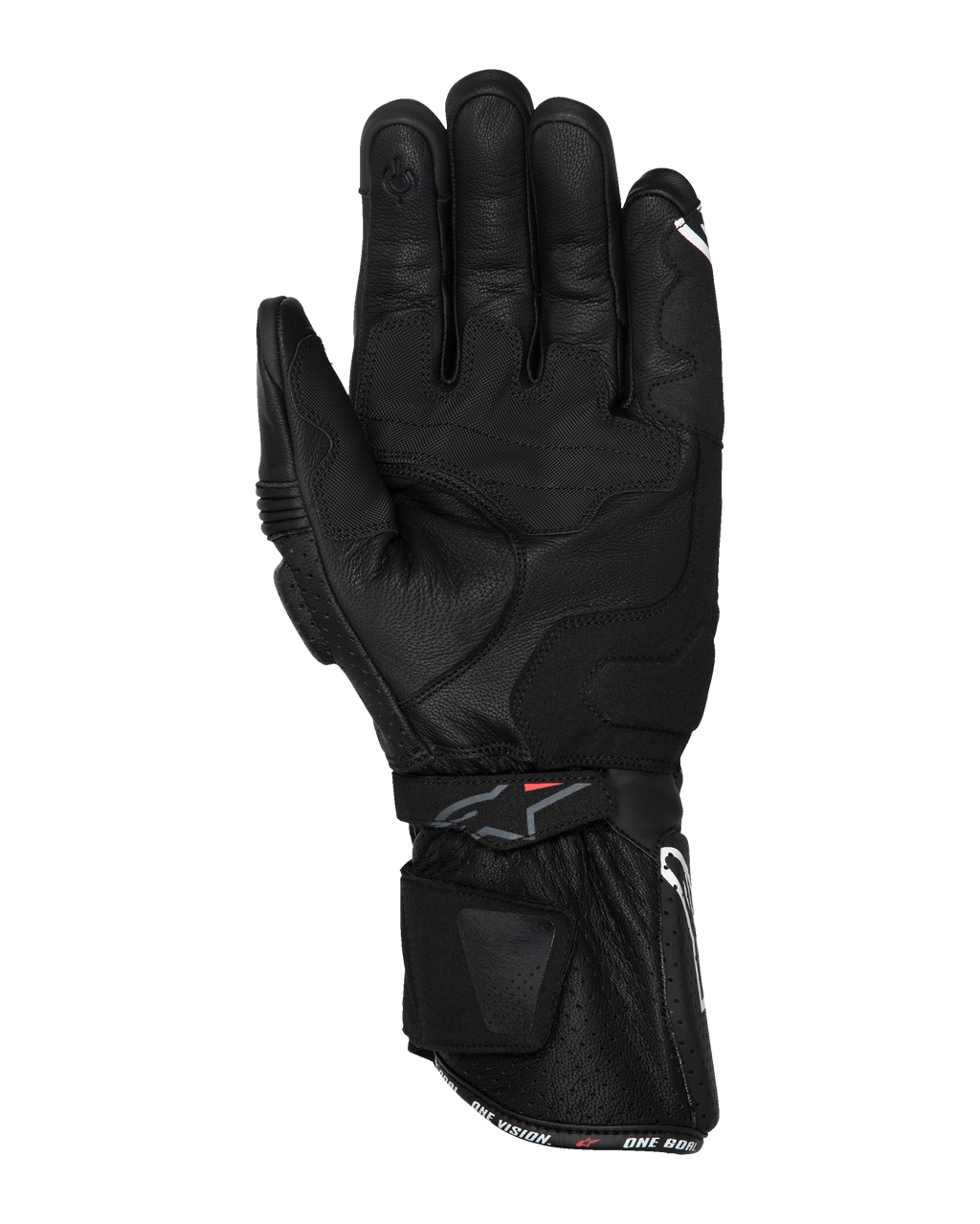 Alpinestars SP-3-handskar, svarta motorcykelhandskar, vy av handflatan med heltäckande läderkonstruktion, lång manschett med dubbelt stängningssystem, greppförstärkningar och pekskärmskompatibel fingertopp, racinginspirerad utrustning för vägkörning