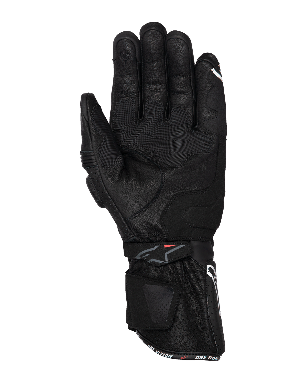 Alpinestars SP-3-handskar, svarta motorcykelhandskar, vy av handflatan med heltäckande läderkonstruktion, lång manschett med dubbelt stängningssystem, greppförstärkningar och pekskärmskompatibel fingertopp, racinginspirerad utrustning för vägkörning