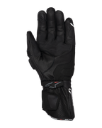 Alpinestars SP-3-handskar, svarta motorcykelhandskar, vy av handflatan med heltäckande läderkonstruktion, lång manschett med dubbelt stängningssystem, greppförstärkningar och pekskärmskompatibel fingertopp, racinginspirerad utrustning för vägkörning