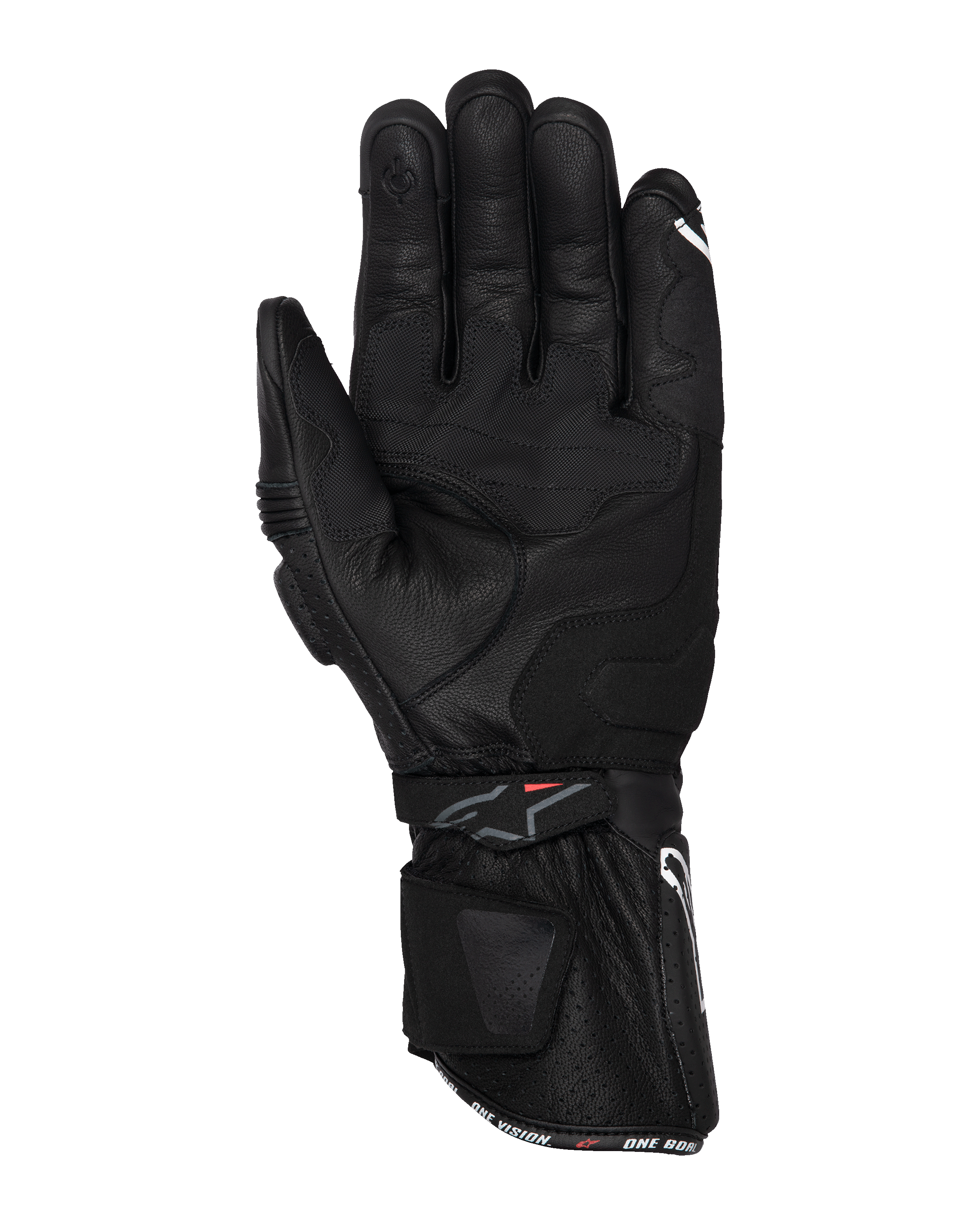Alpinestars SP-3-handskar, svarta motorcykelhandskar, vy av handflatan med heltäckande läderkonstruktion, lång manschett med dubbelt stängningssystem, greppförstärkningar och pekskärmskompatibel fingertopp, racinginspirerad utrustning för vägkörning