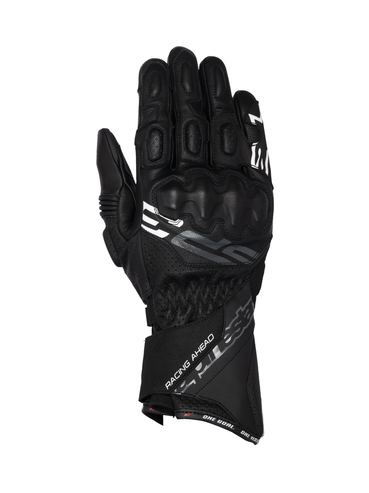 Alpinestars SP-3 handskar, motorcykelracinghandskar för herr, svarta, getläder med lång manschett, integrerat knogskydd och Racing Ahead-grafik