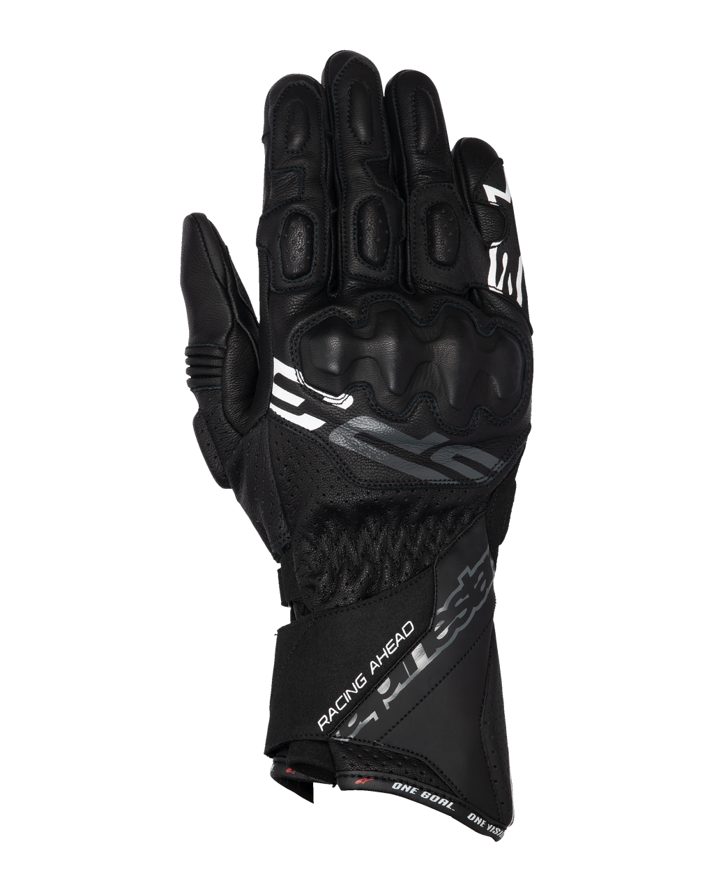 Alpinestars SP-3 handskar, motorcykelracinghandskar med lång manschett, svarta med vita och grå accenter, PU-täckt knogskydd, texturerad läderkonstruktion med perforerade detaljer, justerbar handledsrem