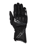 Alpinestars SP-3 handskar, motorcykelracinghandskar med lång manschett, svarta med vita och grå accenter, PU-täckt knogskydd, texturerad läderkonstruktion med perforerade detaljer, justerbar handledsrem