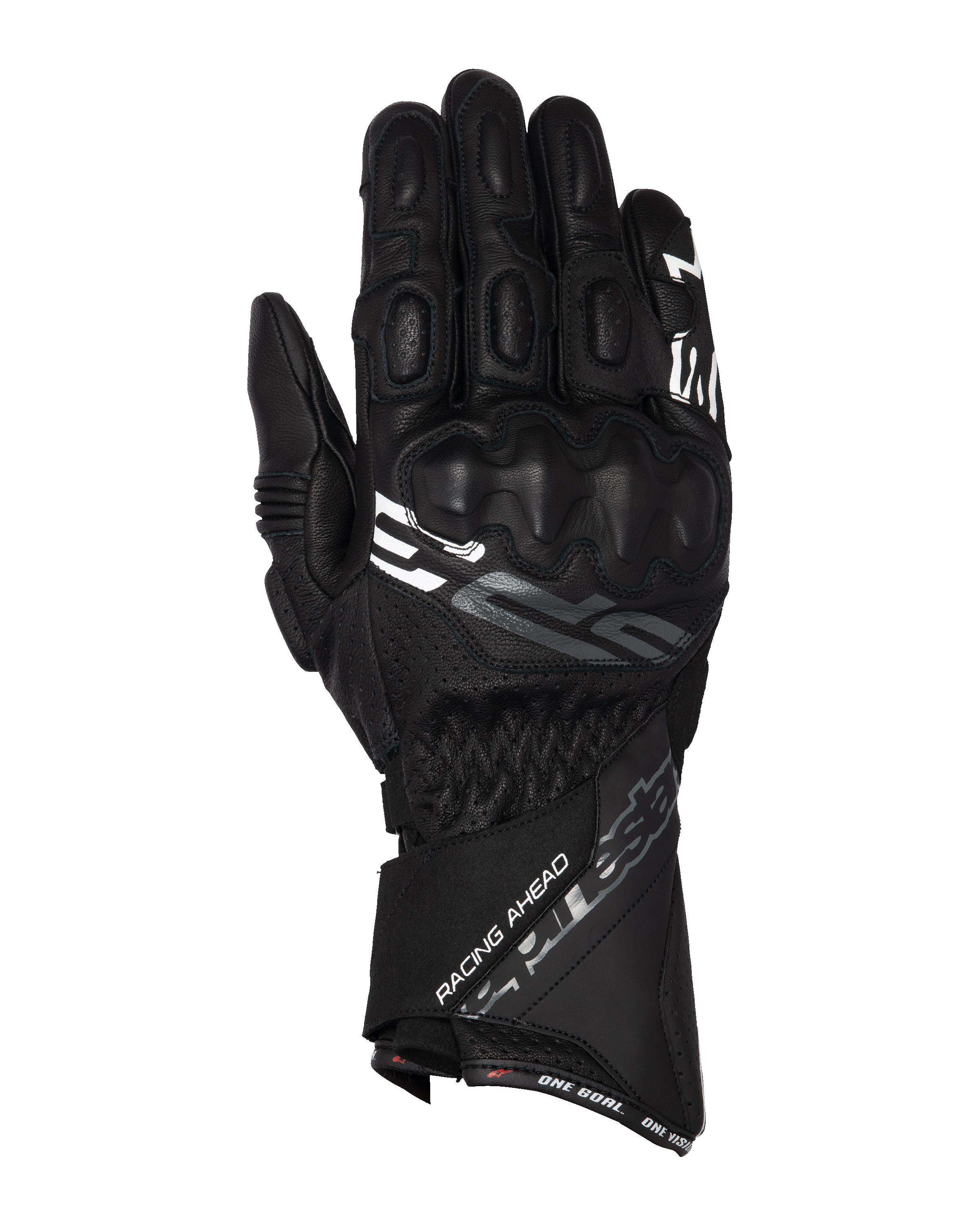 Alpinestars SP-3 handskar, motorcykelracinghandskar med lång manschett, svarta med vita och grå accenter, PU-täckt knogskydd, texturerad läderkonstruktion med perforerade detaljer, justerbar handledsrem