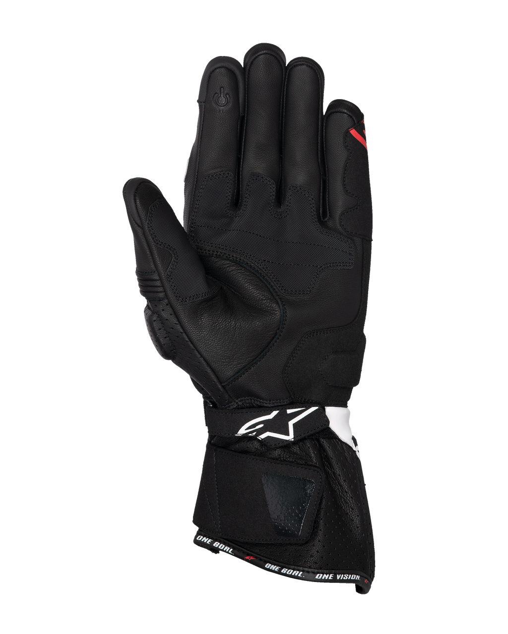 Alpinestars SP-3 Handskar, svarta motorcykelhandskar i läder, vy av handflatan med förstärkta greppaneler, pekskärmskompatibelt pekfinger, lång manschett med vit logotyp på handledsremmen och 'ONE GOAL. ONE VISION.'-detalj på kanten.