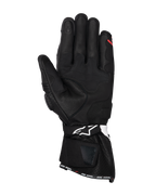 Alpinestars SP-3 Handskar, svarta motorcykelhandskar i läder, vy av handflatan med förstärkta greppaneler, pekskärmskompatibelt pekfinger, lång manschett med vit logotyp på handledsremmen och 'ONE GOAL. ONE VISION.'-detalj på kanten.