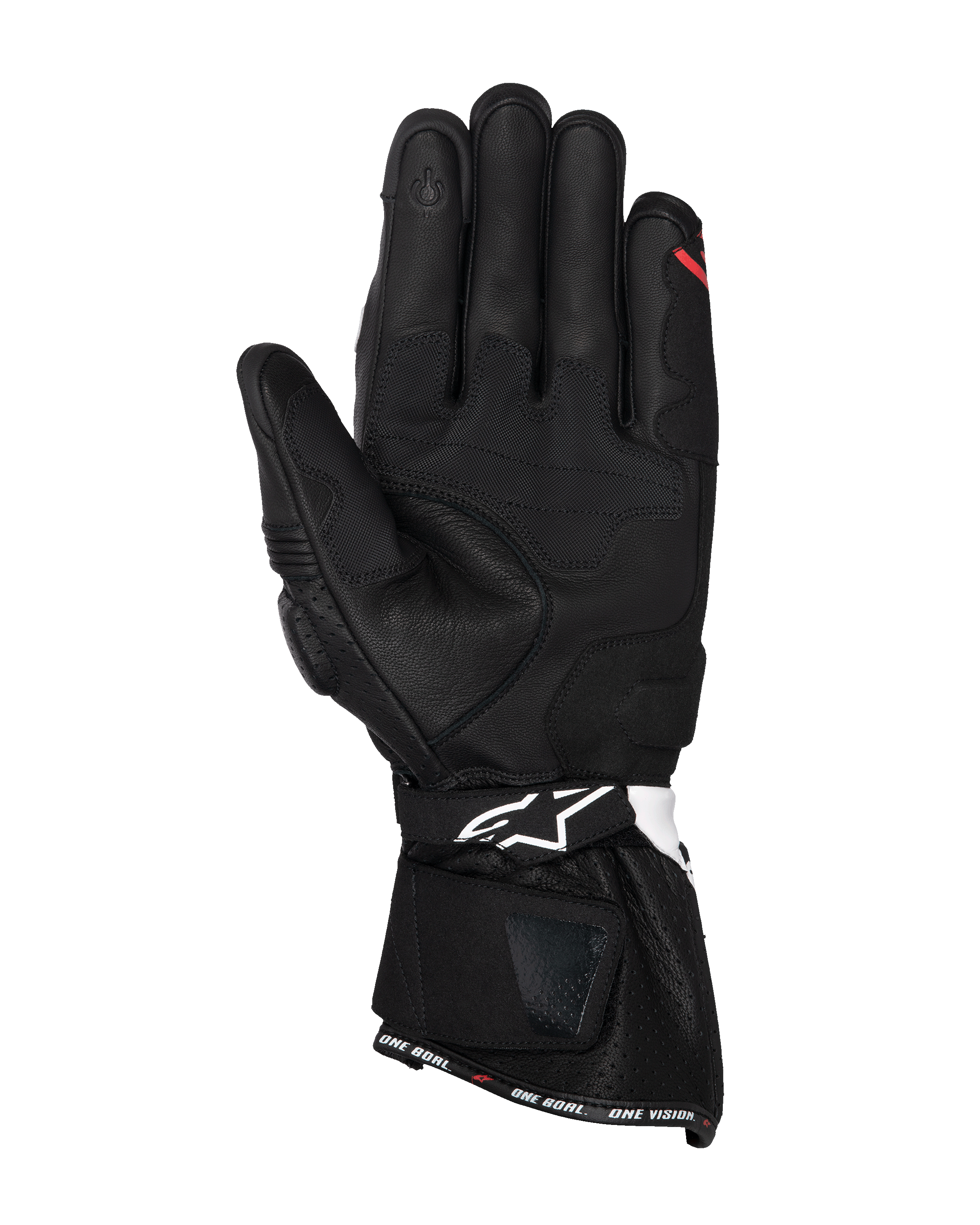 Alpinestars SP-3 Handskar, svarta motorcykelhandskar i läder, vy av handflatan med förstärkta greppaneler, pekskärmskompatibelt pekfinger, lång manschett med vit logotyp på handledsremmen och 'ONE GOAL. ONE VISION.'-detalj på kanten.