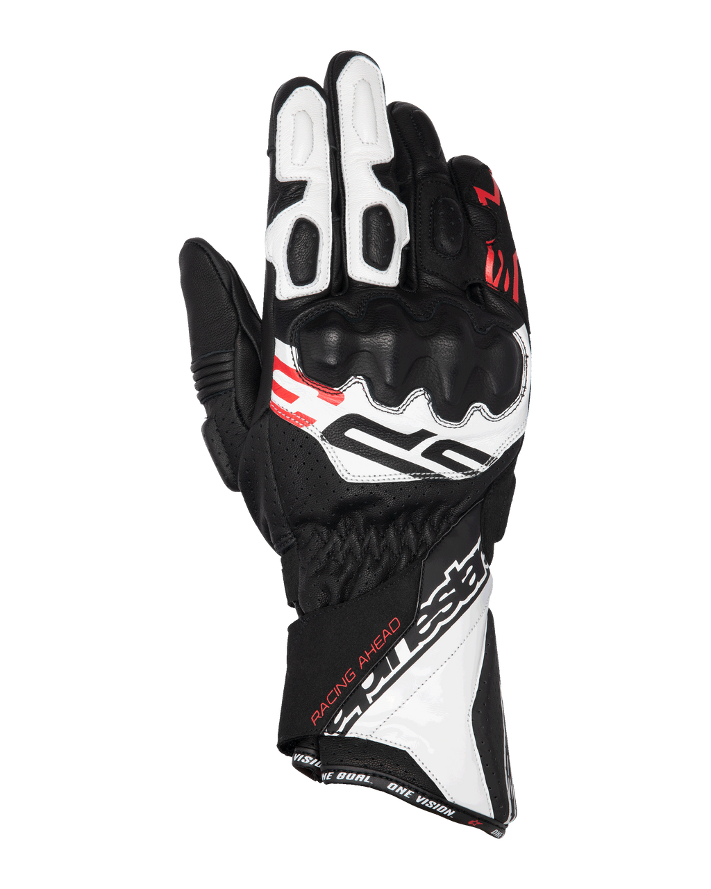 Alpinestars SP-3 handskar, motorcykelracinghandskar, svart, vit och röd fluo, design med lång manschett och förstärkt knogskydd, perforerat läder, med texten ”Racing Ahead” och tydlig Alpinestars-branding