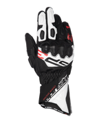 Alpinestars SP-3 handskar, motorcykelracinghandskar, svart, vit och röd fluo, design med lång manschett och förstärkt knogskydd, perforerat läder, med texten ”Racing Ahead” och tydlig Alpinestars-branding