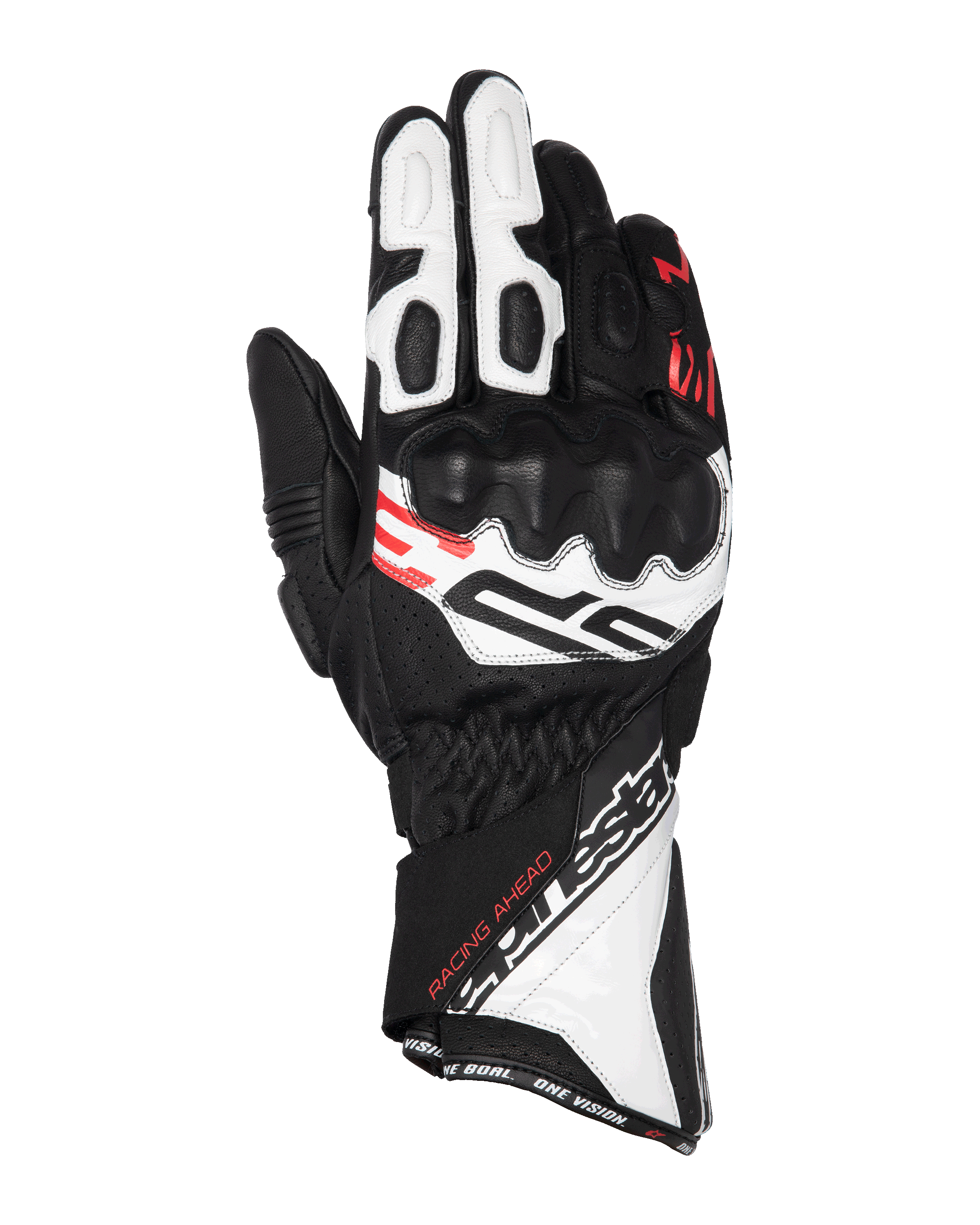 Alpinestars SP-3 handskar, motorcykelracinghandskar, svart, vit och röd fluo, design med lång manschett och förstärkt knogskydd, perforerat läder, med texten ”Racing Ahead” och tydlig Alpinestars-branding