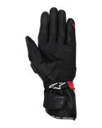 Alpinestars SP-3 Gloves, Motorcycle Gloves, Black Bright Red and White, palm view showing leather construction with grip reinforcements, touchscreen-compatible fingertip, long cuff with white logo and red accents, sport and racing design.