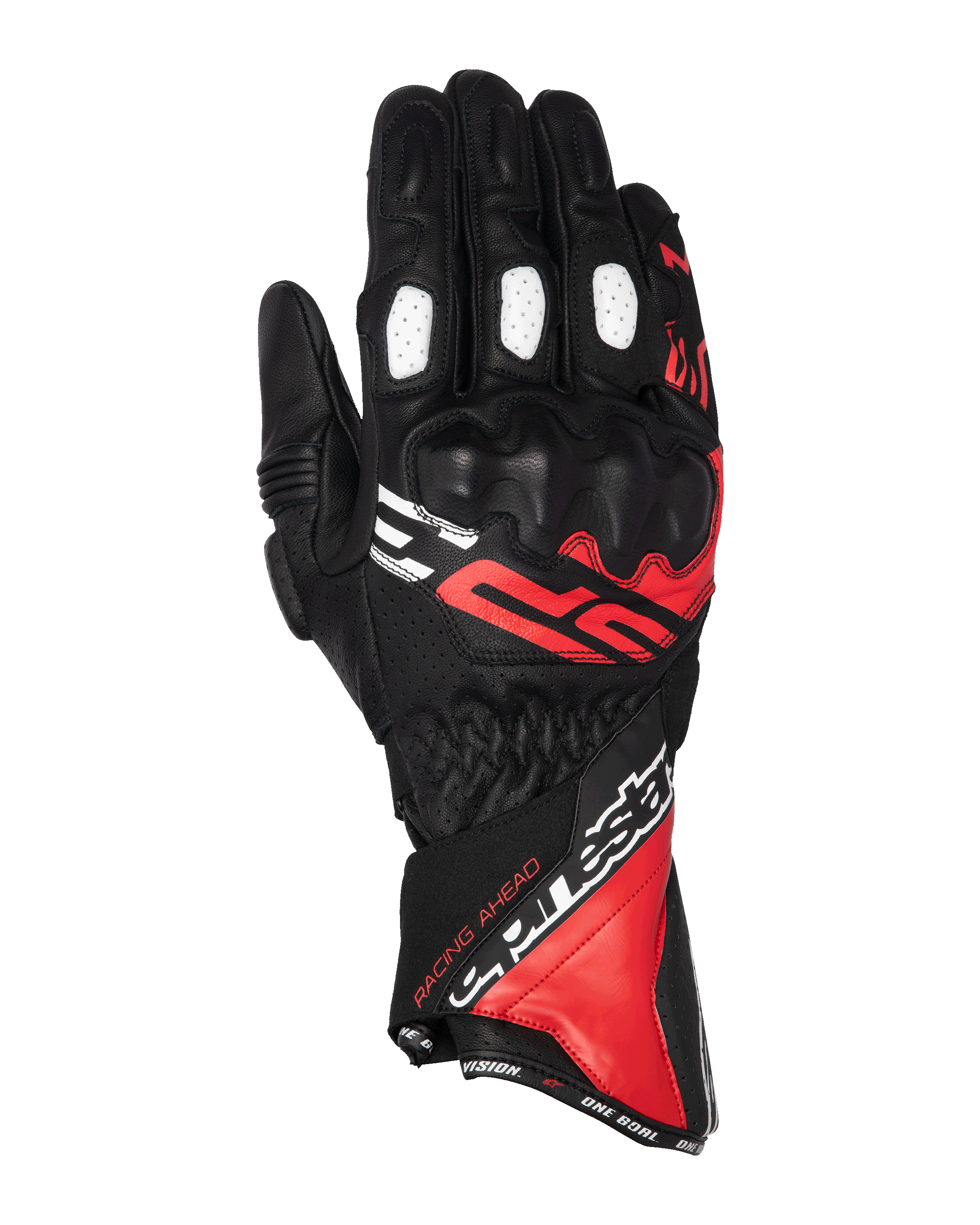 Alpinestars SP-3 Gloves, Long Cuff Motorcycle Racing Gloves, Black with Bright Red and White Accents, PU-covered knuckle protection, white perforated finger panels, race-inspired design with bold branding, durable goat leather construction