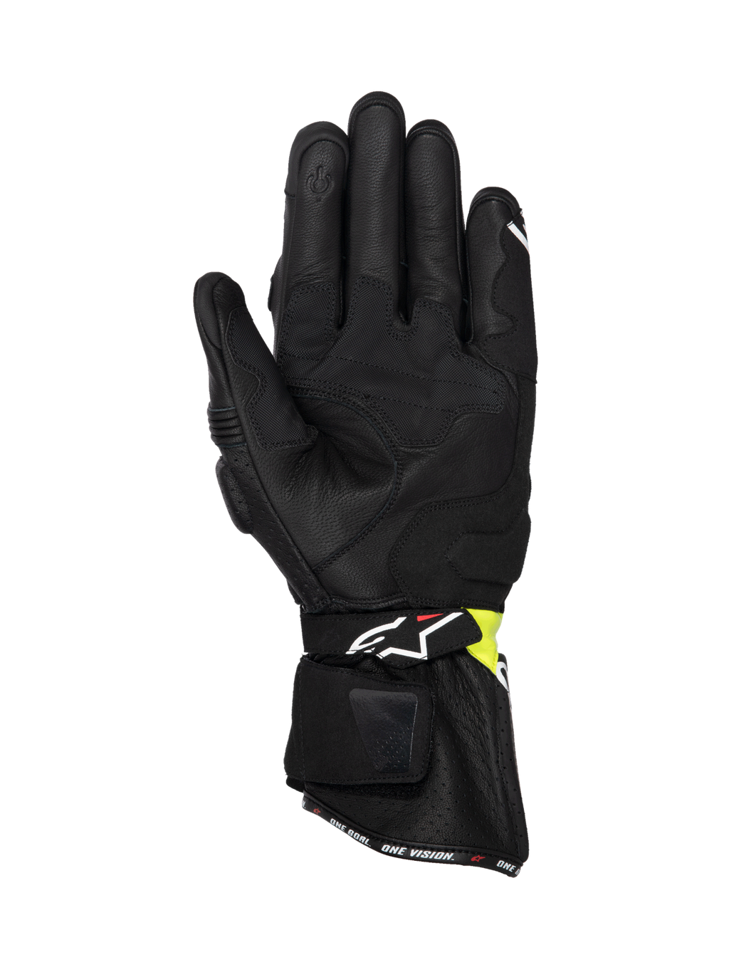 Alpinestars SP-3 handskar, MC-handskar i svart läder med gul fluo, pekskärmskompatibla, CE-certifierade för racing.