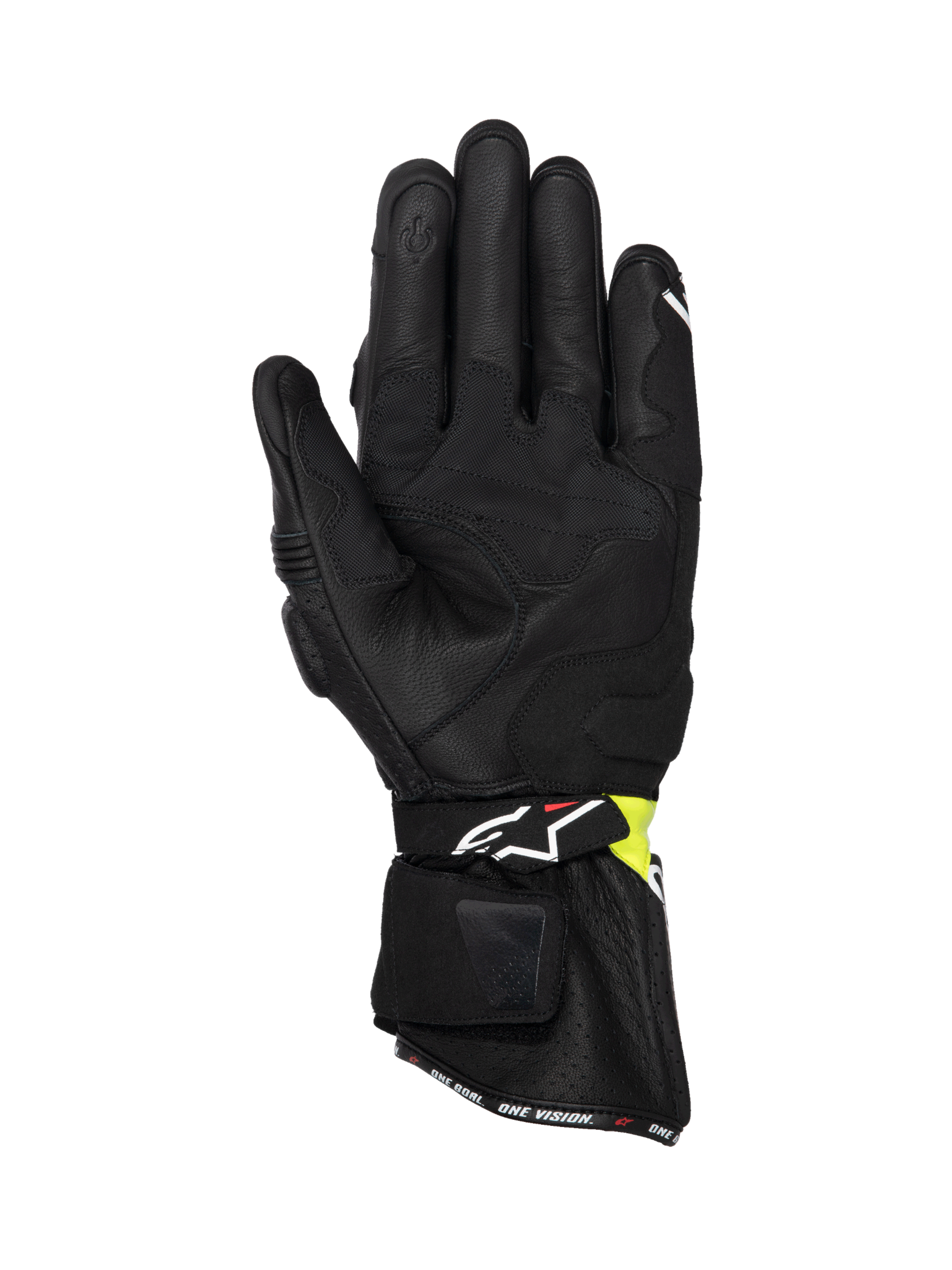 Alpinestars SP-3 handskar, MC-handskar i svart läder med gul fluo, pekskärmskompatibla, CE-certifierade för racing.