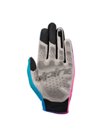 Alpinestars Sim Gloves Graphic 2, SIM-racinghandskar, rosa, cyan och svarta, vy av handflatan med grått Nanofront-tyg och svart 3D-greppmönster, pekskärmskompatibla fingertoppar, specialiserade för virtuell racingprestanda