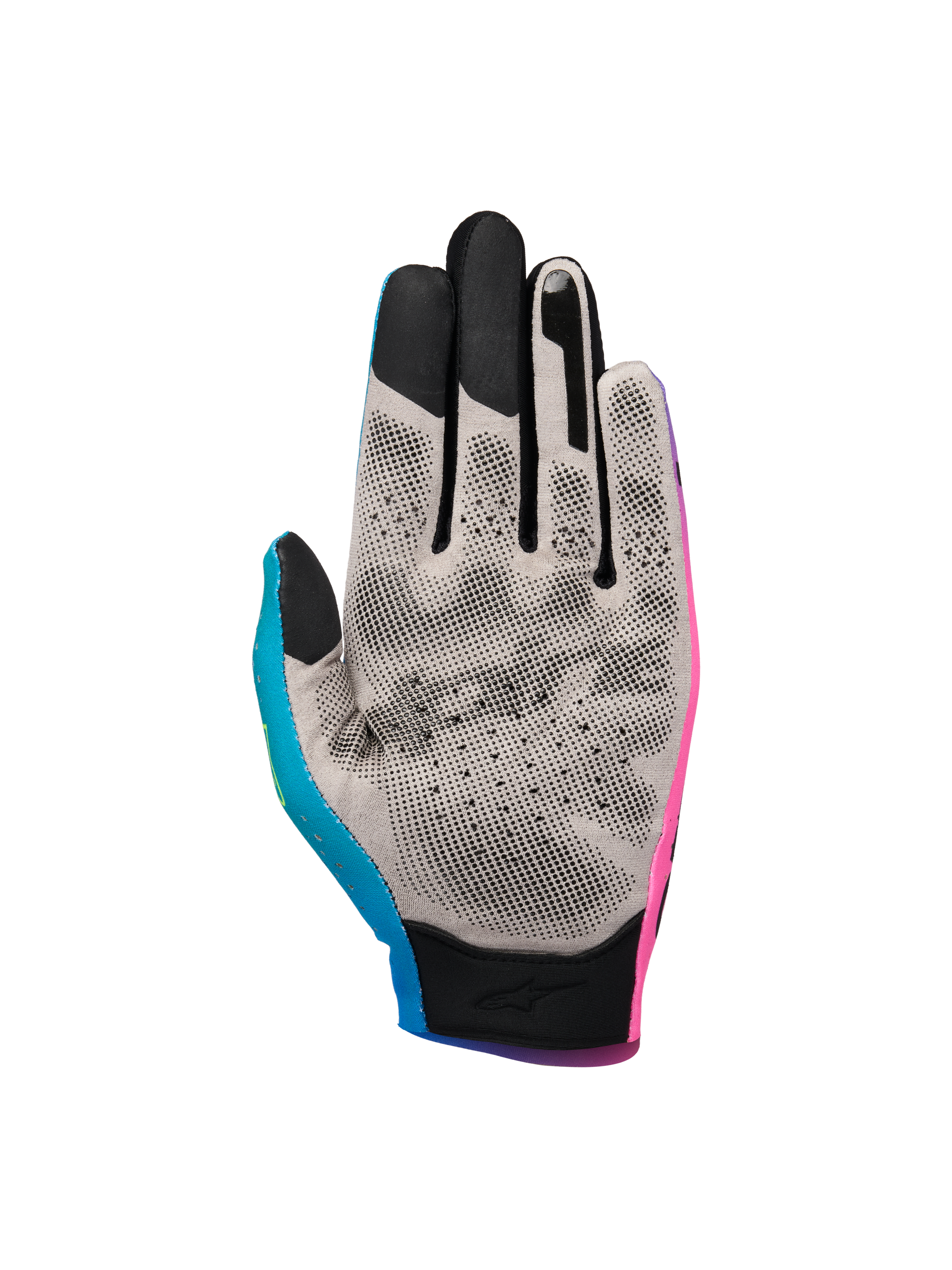 Alpinestars Sim Gloves Graphic 2, SIM-racinghandskar, rosa, cyan och svarta, vy av handflatan med grått Nanofront-tyg och svart 3D-greppmönster, pekskärmskompatibla fingertoppar, specialiserade för virtuell racingprestanda