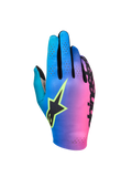 Alpinestars Sim Gloves Graphic 2, SIM-racinghandskar, gradient i cyan, lila och rosa, svart stjärnlogotyp med neongul kontur, perforerad ovansida för ventilation, lättviktig prestandautrustning för gaming