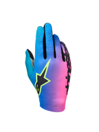 Alpinestars Sim Gloves Graphic 2, SIM-racinghandskar, gradient i cyan, lila och rosa, svart stjärnlogotyp med neongul kontur, perforerad ovansida för ventilation, lättviktig prestandautrustning för gaming