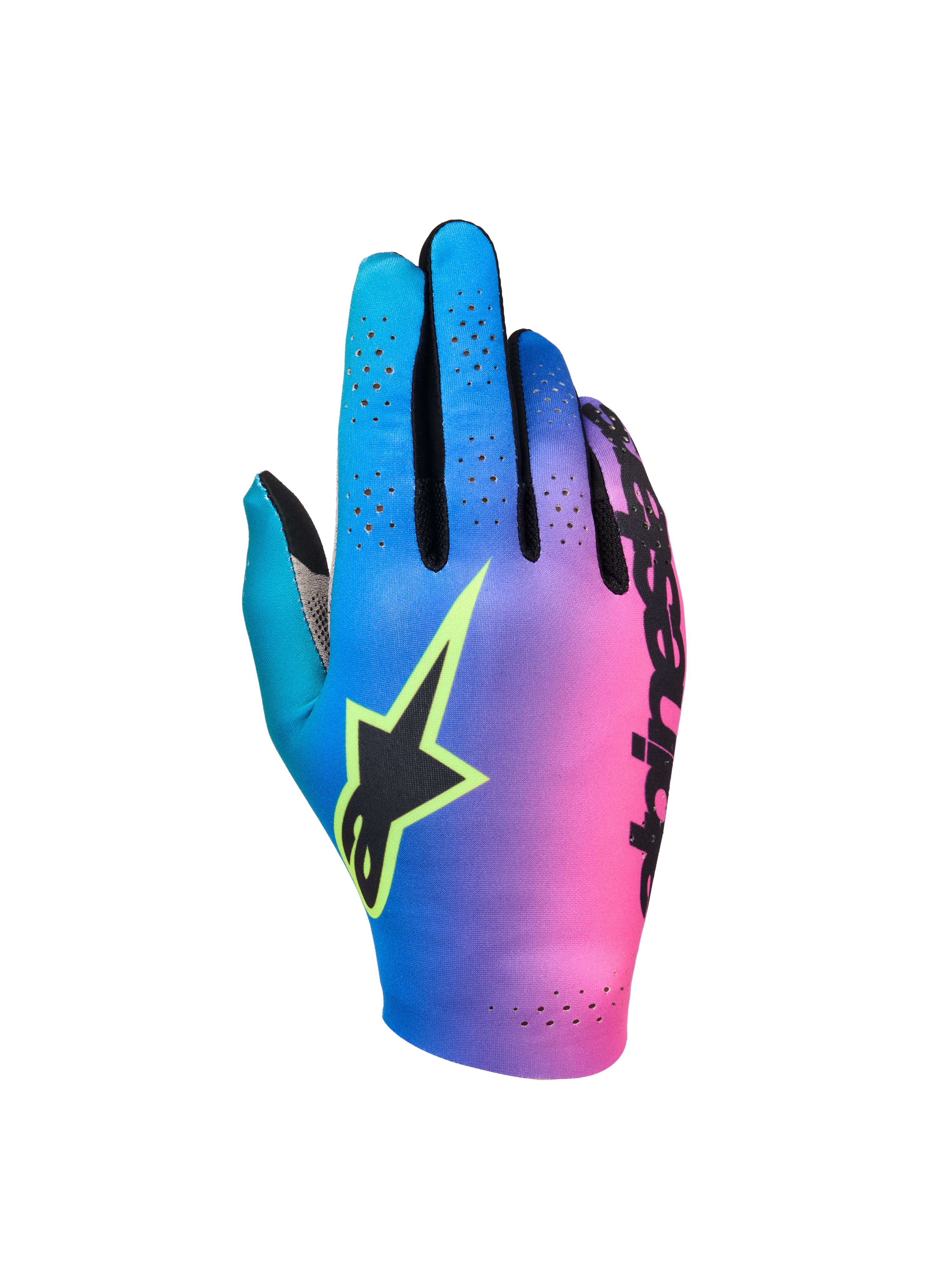 Alpinestars Sim Gloves Graphic 2, SIM-racinghandskar, gradient i cyan, lila och rosa, svart stjärnlogotyp med neongul kontur, perforerad ovansida för ventilation, lättviktig prestandautrustning för gaming
