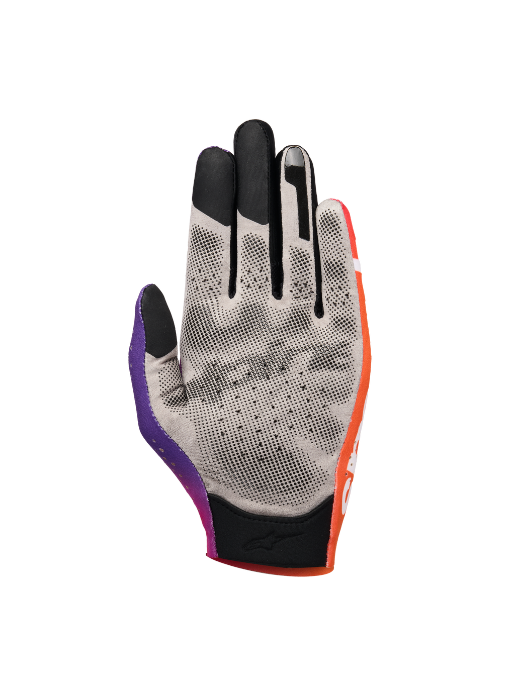 Alpinestars Sim Gloves Graphic 2, sim-racinghandskar, orange, neonlila och vita, vy av handflatan som visar grått tyg med svarta 3D-printade greppunkter, pekskärmskompatibla fingertoppar och kort manschett för precision i virtuell racing