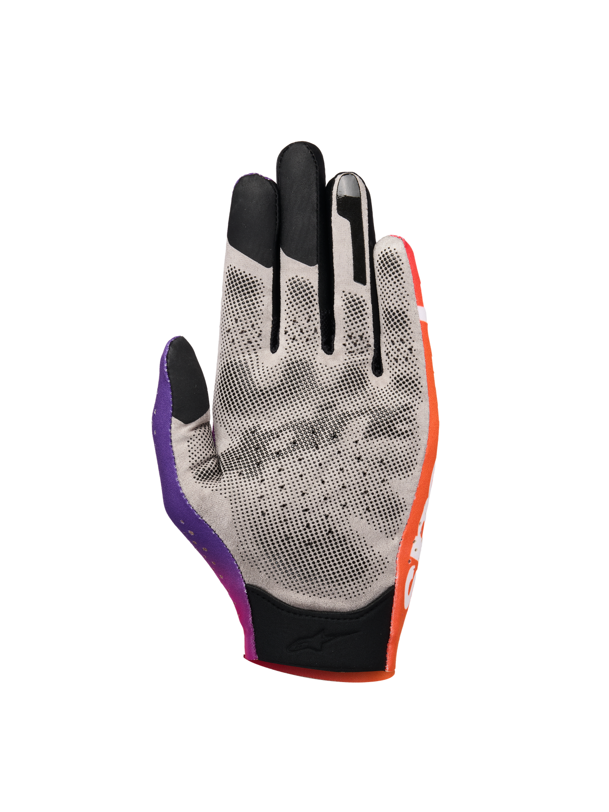 Alpinestars Sim Gloves Graphic 2, sim-racinghandskar, orange, neonlila och vita, vy av handflatan som visar grått tyg med svarta 3D-printade greppunkter, pekskärmskompatibla fingertoppar och kort manschett för precision i virtuell racing