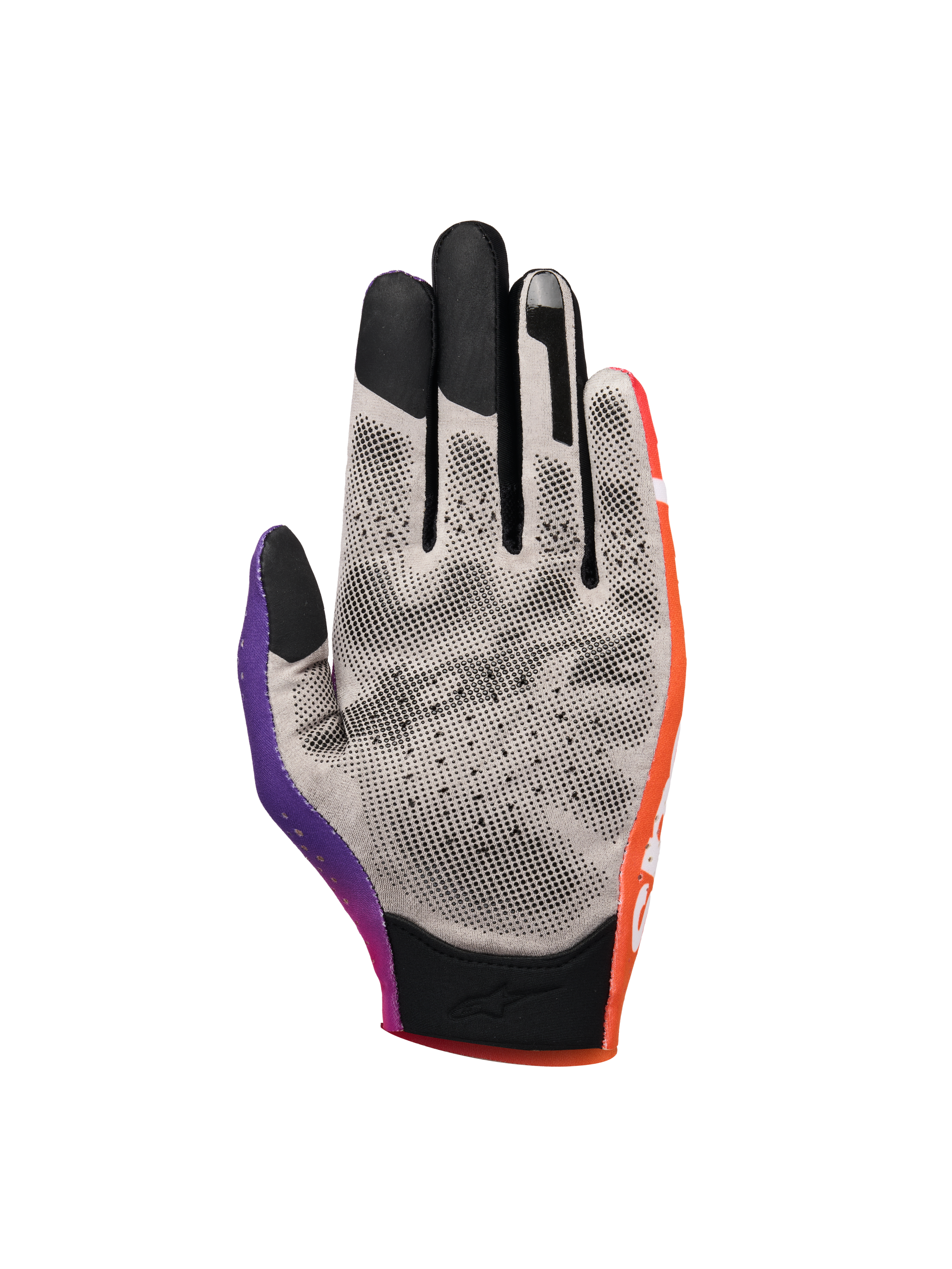 Alpinestars Sim Gloves Graphic 2, sim-racinghandskar, orange, neonlila och vita, vy av handflatan som visar grått tyg med svarta 3D-printade greppunkter, pekskärmskompatibla fingertoppar och kort manschett för precision i virtuell racing