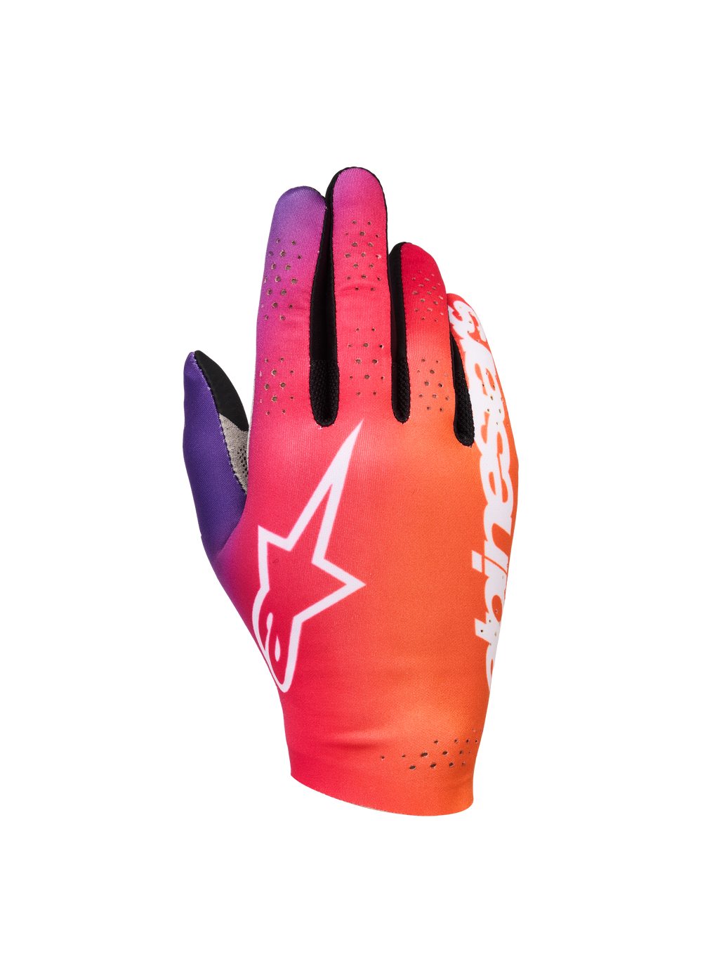 Alpinestars Sim Gloves Graphic 2, sim-racinghandskar, gradient i neonorange, lila och vitt, vit stjärnlogotyp, perforerade ventilationsdetaljer och lättviktigt stretchmaterial med svarta mesh-detaljer