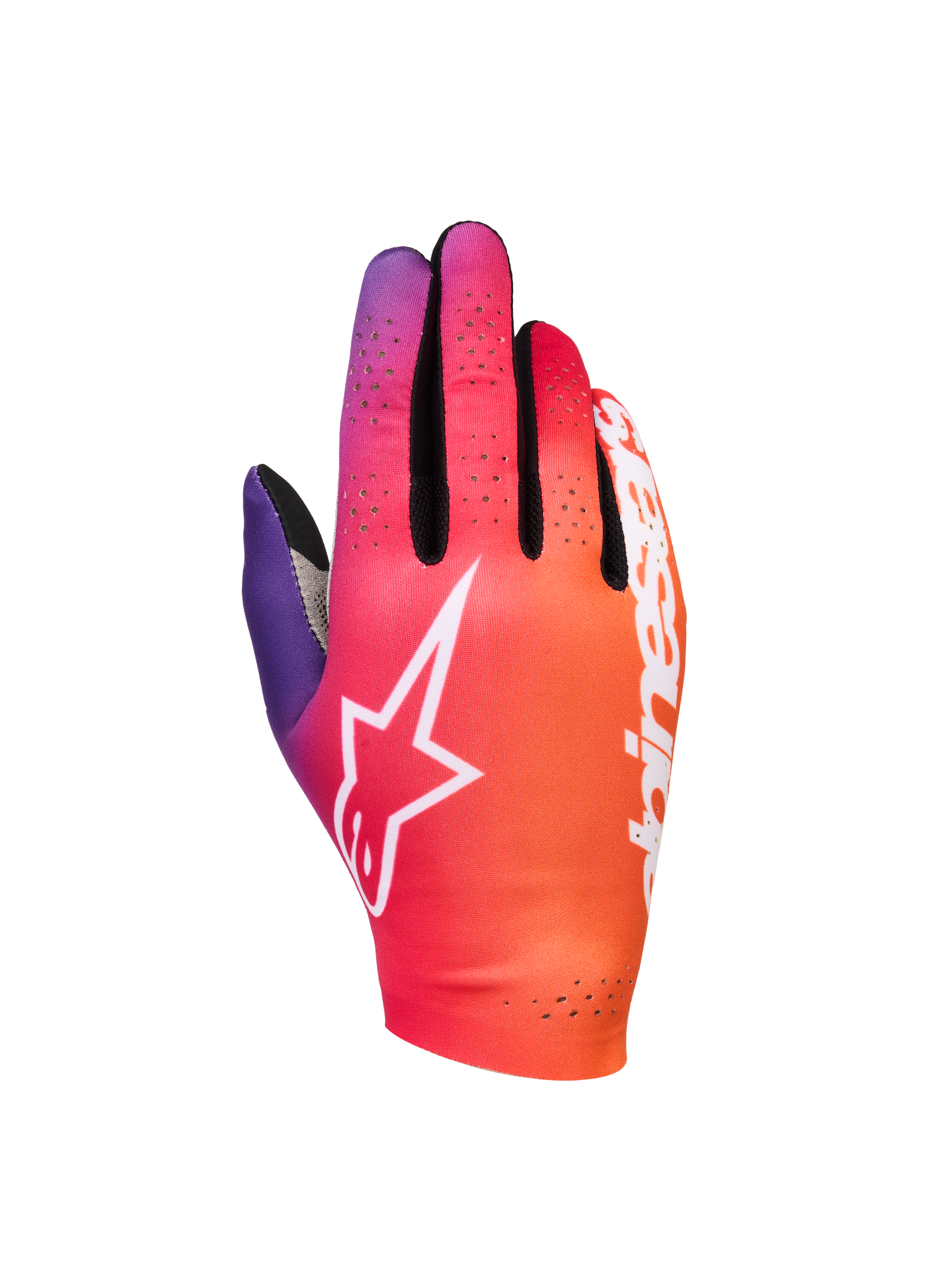 Alpinestars Sim Gloves Graphic 2, sim-racinghandskar, gradient i neonorange, lila och vitt, vit stjärnlogotyp, perforerade ventilationsdetaljer och lättviktigt stretchmaterial med svarta mesh-detaljer