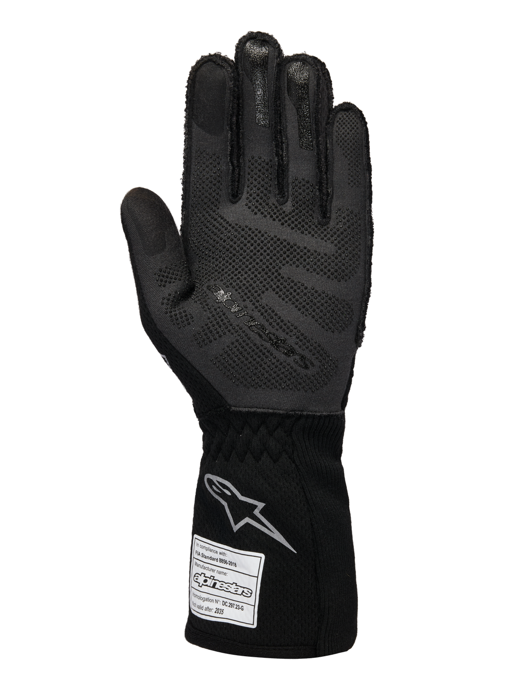 Alpinestars Limited Edition Lamborghini Tech-1 ZX V4 handskar, bilsportshandskar, svart och mörkgrå, vy av handflatan med 3D-silikongreppsteknik, silverlogotyp på mudden, FIA-homologeringsetikett, professionell motorsportutrustning