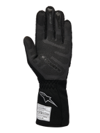 Alpinestars Limited Edition Lamborghini Tech-1 ZX V4 handskar, bilsportshandskar, svart och mörkgrå, vy av handflatan med 3D-silikongreppsteknik, silverlogotyp på mudden, FIA-homologeringsetikett, professionell motorsportutrustning