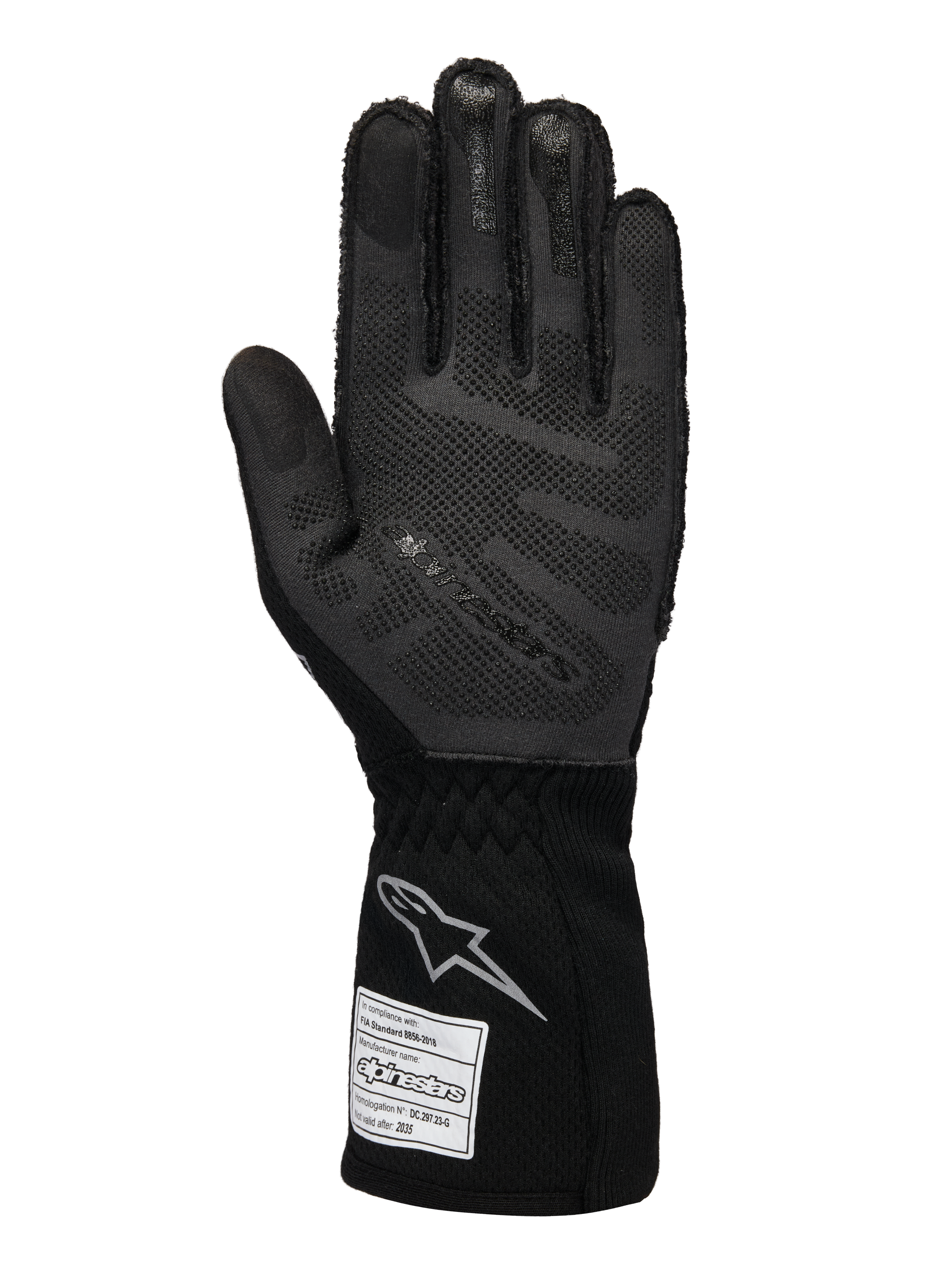 Alpinestars Limited Edition Lamborghini Tech-1 ZX V4 handskar, bilsportshandskar, svart och mörkgrå, vy av handflatan med 3D-silikongreppsteknik, silverlogotyp på mudden, FIA-homologeringsetikett, professionell motorsportutrustning