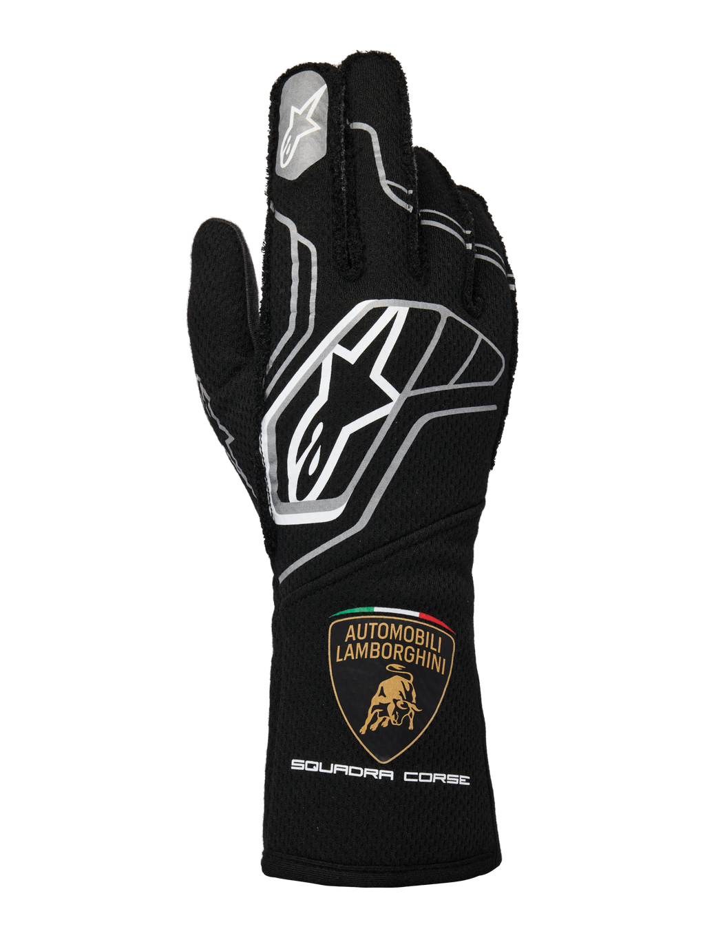 Alpinestars Limited Edition Lamborghini Tech-1 ZX V4 handskar, svarta med mörkgrå och vita detaljer, med den framträdande Alpinestars-logotypen och Automobili Lamborghini Squadra Corse-skölden på mudden, professionella FIA-certifierade racinghandskar