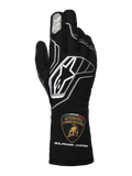 Alpinestars Limited Edition Lamborghini Tech-1 ZX V4 handskar, svarta med mörkgrå och vita detaljer, med den framträdande Alpinestars-logotypen och Automobili Lamborghini Squadra Corse-skölden på mudden, professionella FIA-certifierade racinghandskar