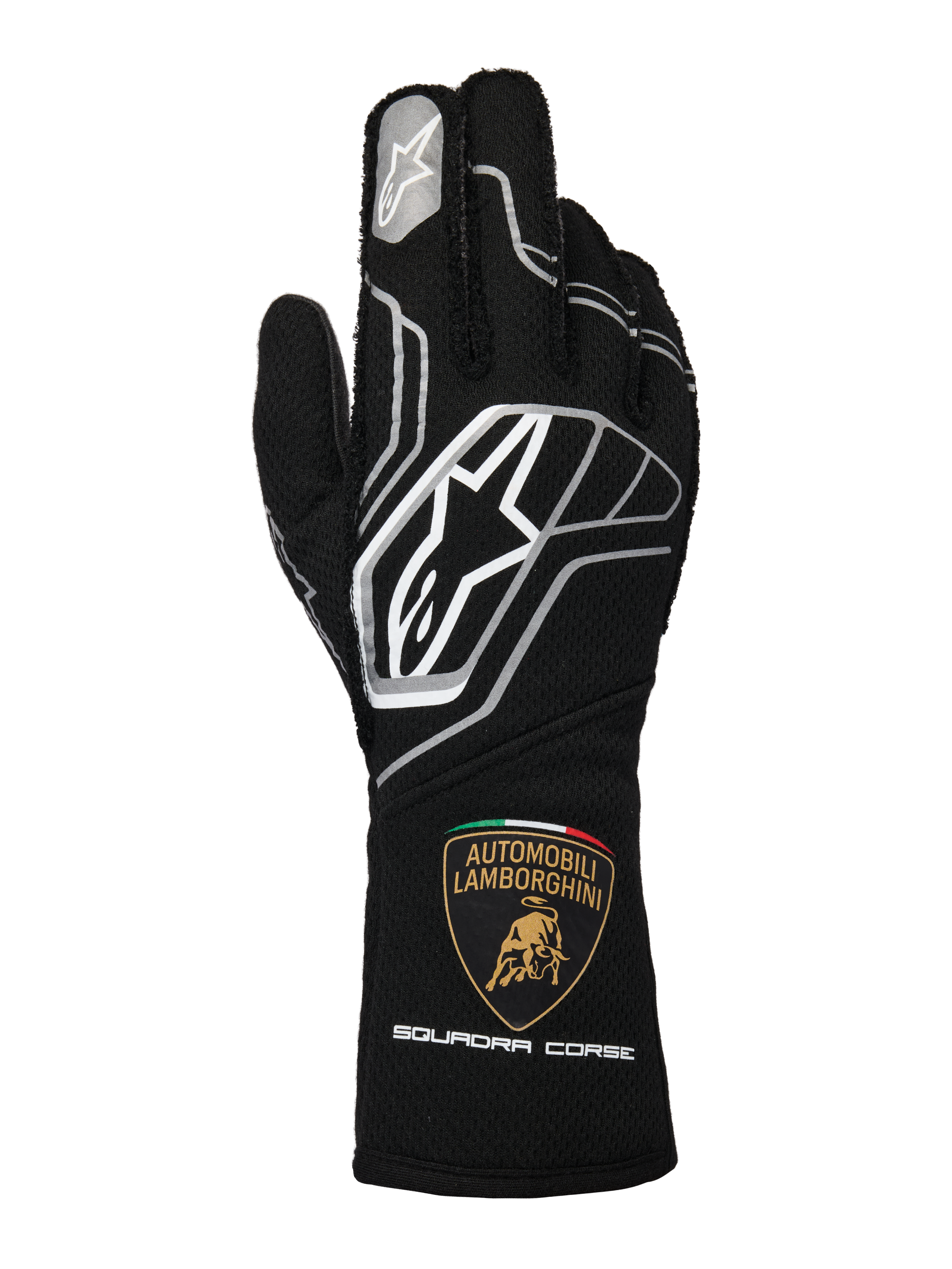 Alpinestars Limited Edition Lamborghini Tech-1 ZX V4 handskar, svarta med mörkgrå och vita detaljer, med den framträdande Alpinestars-logotypen och Automobili Lamborghini Squadra Corse-skölden på mudden, professionella FIA-certifierade racinghandskar
