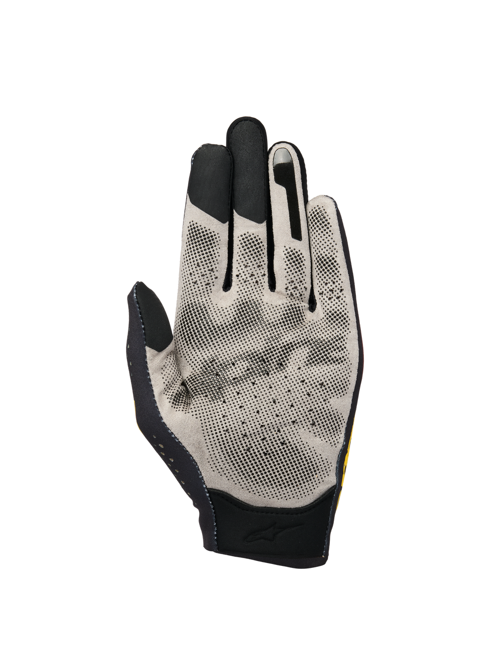 Alpinestars Sim Gloves Graphic 3, SIM-racinghandskar, handflata i ljusgrått Nanofront®-tyg med svart 3D-prickat greppmönster, pekskärmskompatibla fingertoppar och andningsbar perforerad konstruktion för virtuell racing.