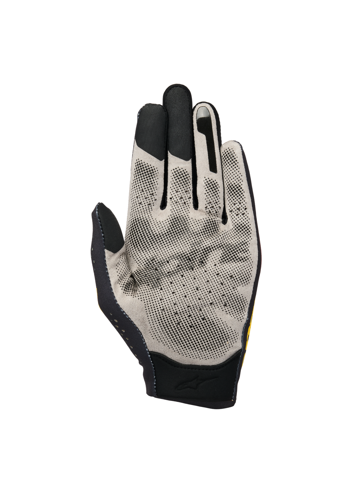 Alpinestars Sim Gloves Graphic 3, SIM-racinghandskar, handflata i ljusgrått Nanofront®-tyg med svart 3D-prickat greppmönster, pekskärmskompatibla fingertoppar och andningsbar perforerad konstruktion för virtuell racing.