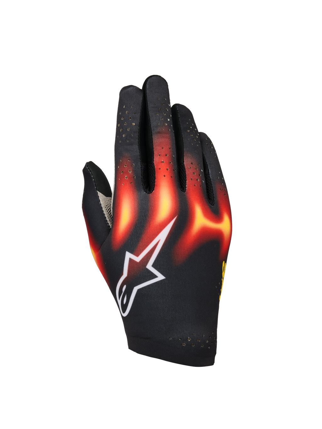 Alpinestars Sim Gloves Graphic 3, simracinghandskar, svarta med flammönster i klarrött och varmgult, vit stjärnlogotyp, perforerade fingrar för ventilation, lätt och flexibel konstruktion för virtuell racing