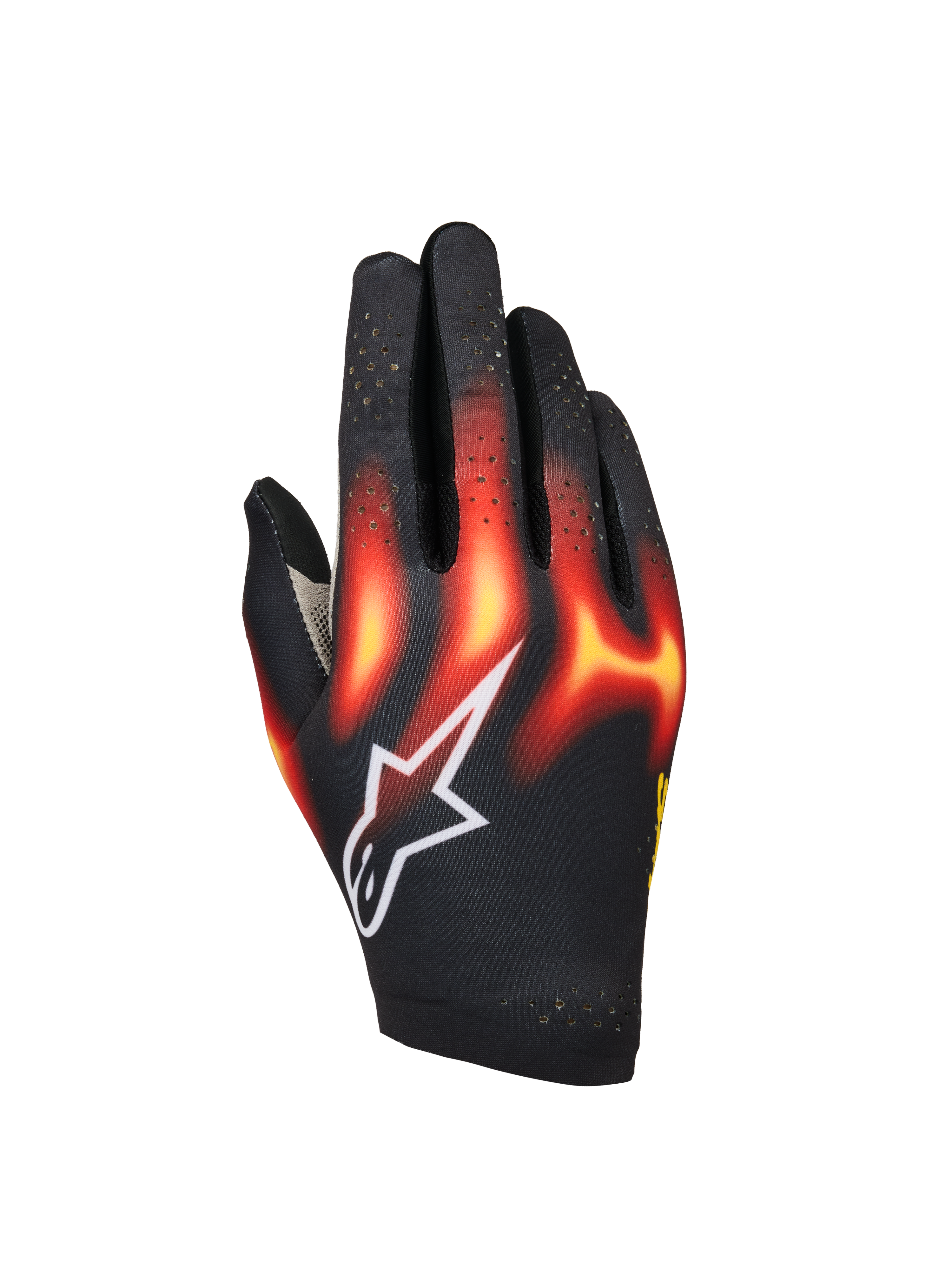 Alpinestars Sim Gloves Graphic 3, simracinghandskar, svarta med flammönster i klarrött och varmgult, vit stjärnlogotyp, perforerade fingrar för ventilation, lätt och flexibel konstruktion för virtuell racing