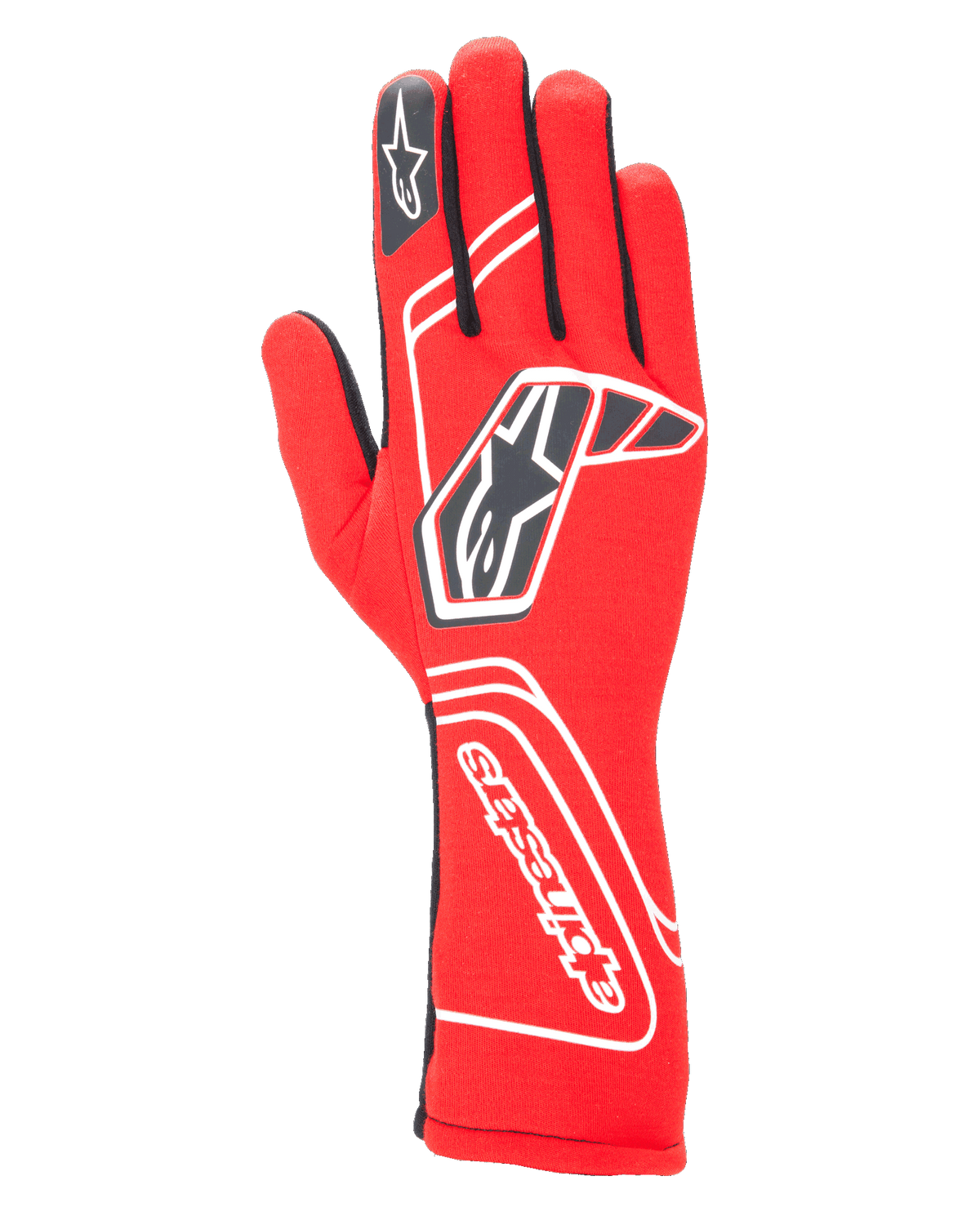 Alpinestars Tech-1 Start V4 FIA-handskar, racinghandskar, röda med svarta och vita detaljer, framträdande stjärnlogotyp på handryggen och varumärkesnamn på manschetten, förlängd manschettdesign, professionell motorsportutrustning