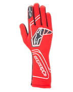Alpinestars Tech-1 Start V4 Gloves FIA, Auto Racing Gloves, Red with Black and White accents, features prominent star logo on the back and brand name on the cuff, extended gauntlet design, professional motorsport gear