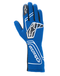 Alpinestars Tech-1 Start V4 Gloves FIA, Auto Racing Gloves, Royal Blue, featuring white geometric branding and black star logos, extended cuff with vertical Alpinestars text, sleek seamless construction for lightweight performance, FIA certified professional racing gear