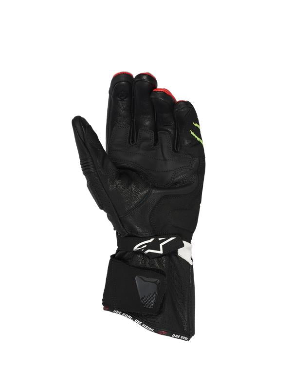Alpinestars FQ20 SP-3 Monster-handskar, vy av handflatan, konstruktion i svart getläder med förstärkta kuddar i handflatan, lång manschett med texten 'ONE GOAL. ONE VISION.', dubbelt stängningssystem med Alpinestars-logotyp på handledsremmen, racing- och sportmotorcykelutrustning.