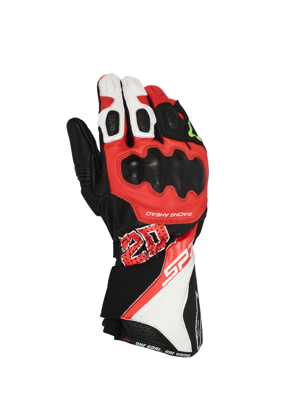 Alpinestars FQ20 SP-3 Monster-handskar, racinghandskar för motorcykel, svart, röd fluo och vit, med lång manschettdesign, hårt knogskydd, framträdande "20"-grafik och SP-3-märkning, läderkonstruktion för sport- och vägkörning