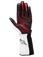 Alpinestars Tech-1 KX V4 handskar, kartinghandskar, svart, vit och röd, vy av handflatan med rött 3D-silikongreppmönster, vit handled med svart stjärnlogotyp, högpresterande motorsportdesign