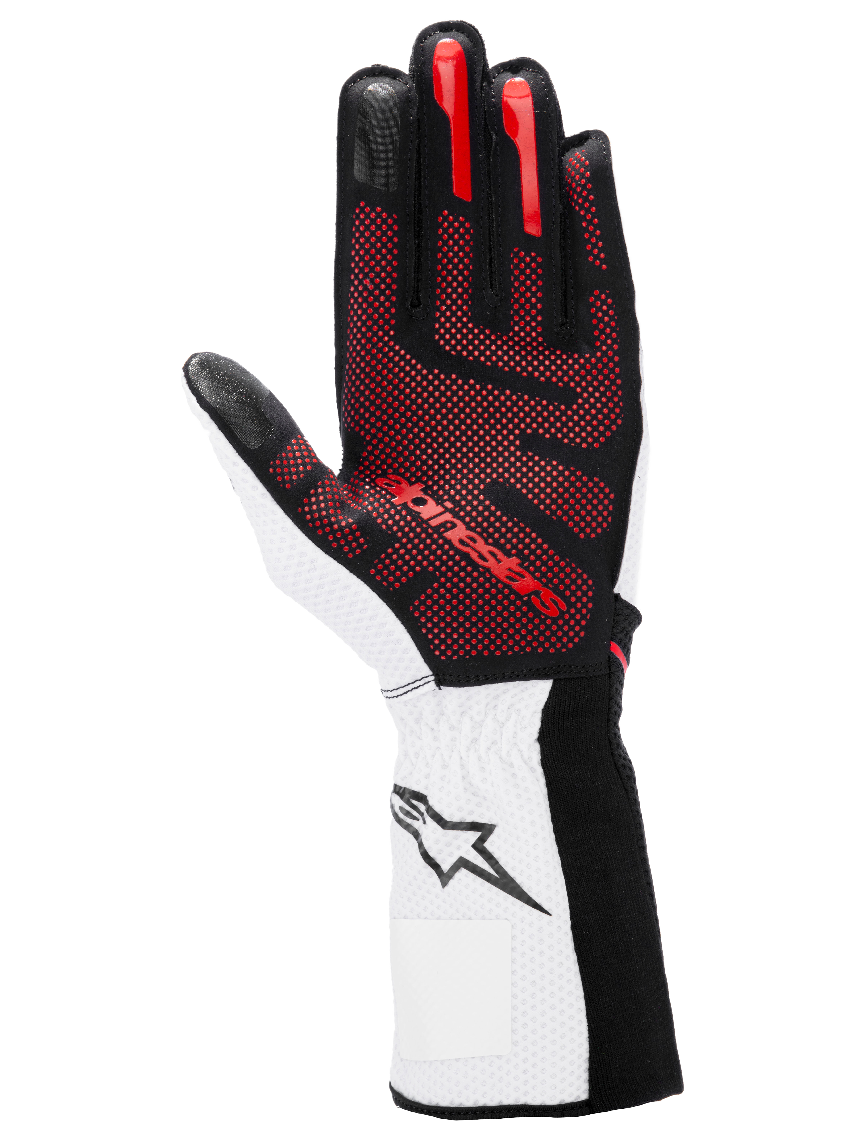 Alpinestars Tech-1 KX V4 handskar, kartinghandskar, svart, vit och röd, vy av handflatan med rött 3D-silikongreppmönster, vit handled med svart stjärnlogotyp, högpresterande motorsportdesign