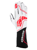 Alpinestars Tech-1 KX V4-handskar, kartinghandskar, svart vit röd, med en ventilerande vit ovandel i mesh med röda Alpinestars-logotyper och en svart handledsmanschett med vit logotyp