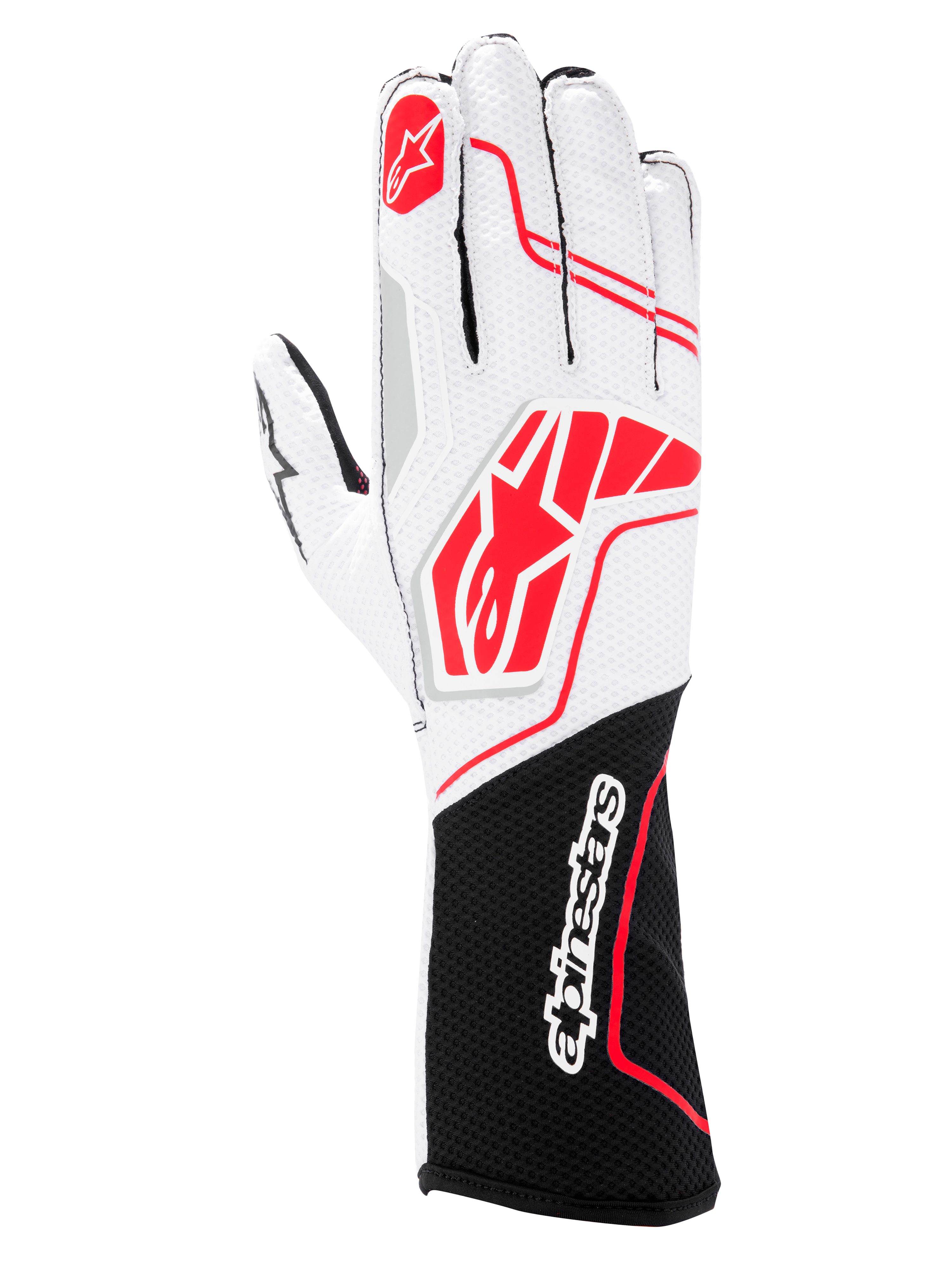 Alpinestars Tech-1 KX V4-handskar, kartinghandskar, svart vit röd, med en ventilerande vit ovandel i mesh med röda Alpinestars-logotyper och en svart handledsmanschett med vit logotyp