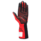 Alpinestars Tech-1 KX V4 Gloves, Karting Gloves, Black and Red, palm view showing 3D silicone grip pattern, breathable red mesh fabric, and white identification label on the wrist