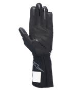 Alpinestars Tech-1 KX V4-handskar, kartinghandskar, svarta, vy av handflatan med 3D-silikongreppsmönster, externa sömmar och ribbad mudd med grå Astars-logotyp, professionell racingutrustning för motorsport